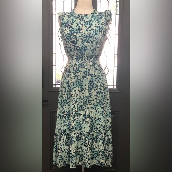 LOFT Shimmer Floral Ruffle Sleeve Flare Dress | NWOT - Picture 1 of 10